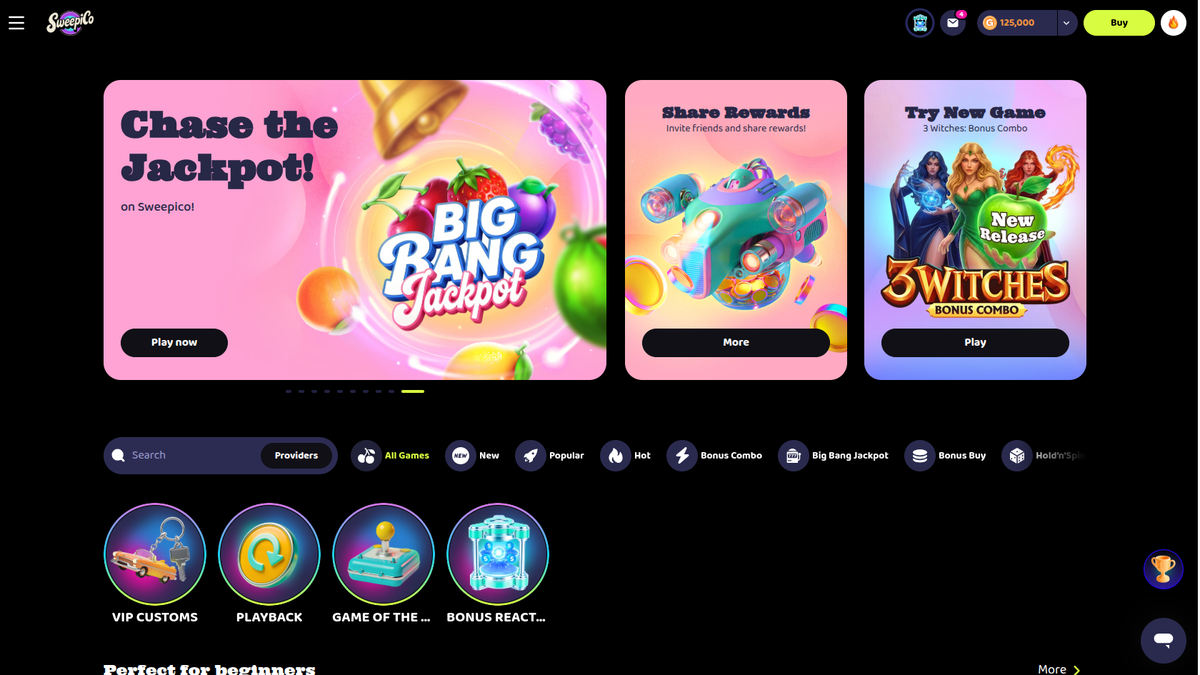 Sweepico Social Casino lobby captured on 16 September 2026, with Big Bang Jackpot, Share Rewards, and 3 Witches: Bonus Combo banners.